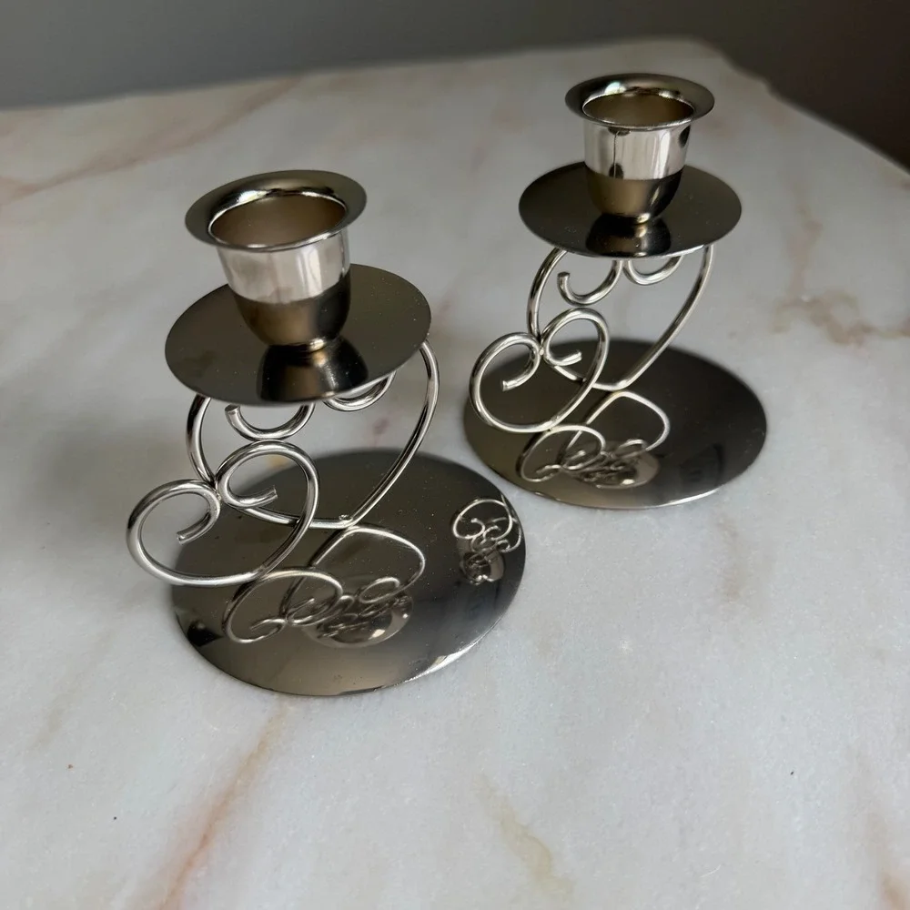Vintage Silver Heart Taper Candle Holders Set of 2 Romantic‎ Wedding Decor 3.25
